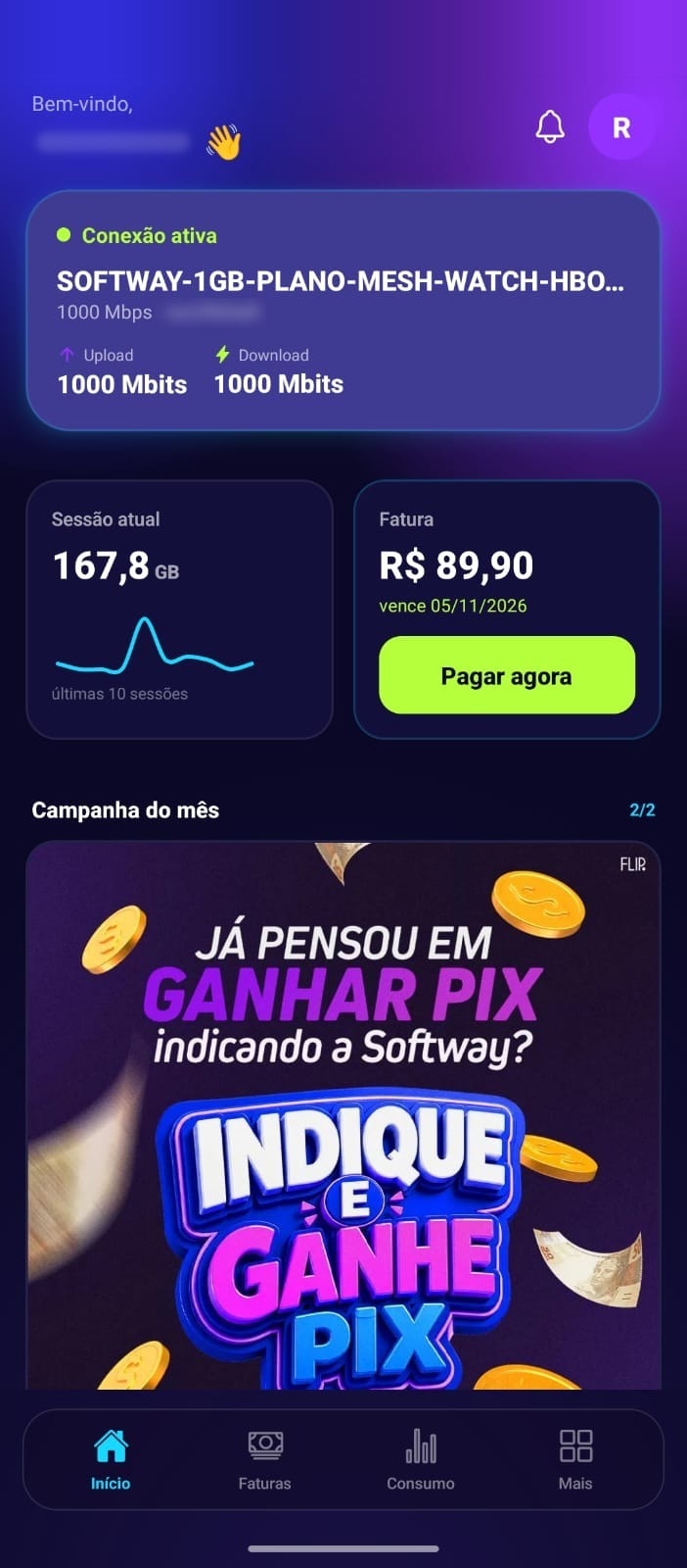 Tela de início do aplicativo Softway Fibra